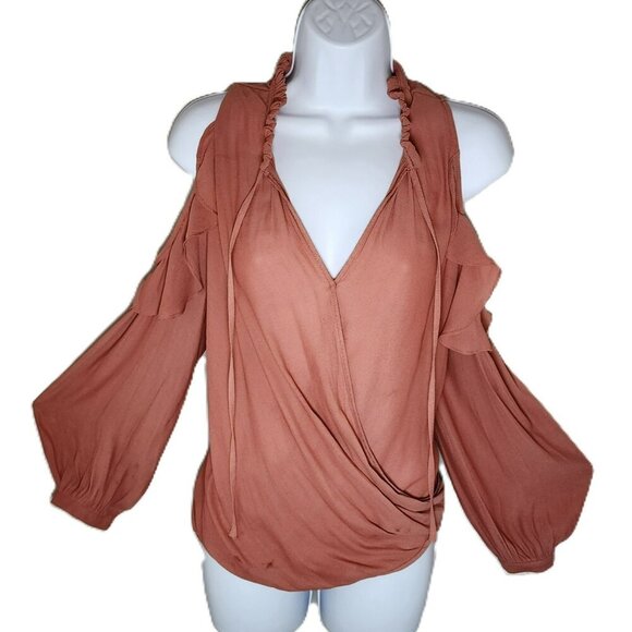 Maeve Cold Shoulder Blouse Women’s Medium Ruffle Sleeve Rust Draped Front - Picture 1 of 8